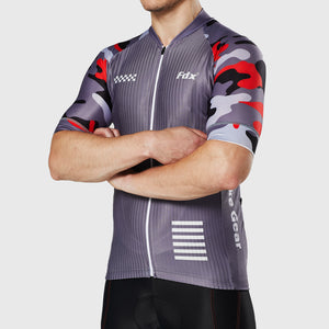 Fdx Short Sleeve Cycling Jersey for Mens Grey Summer Best Road Bike Wear Top Light Weight, Full Zipper, Pockets & Hi-viz Reflectors - Camouflage