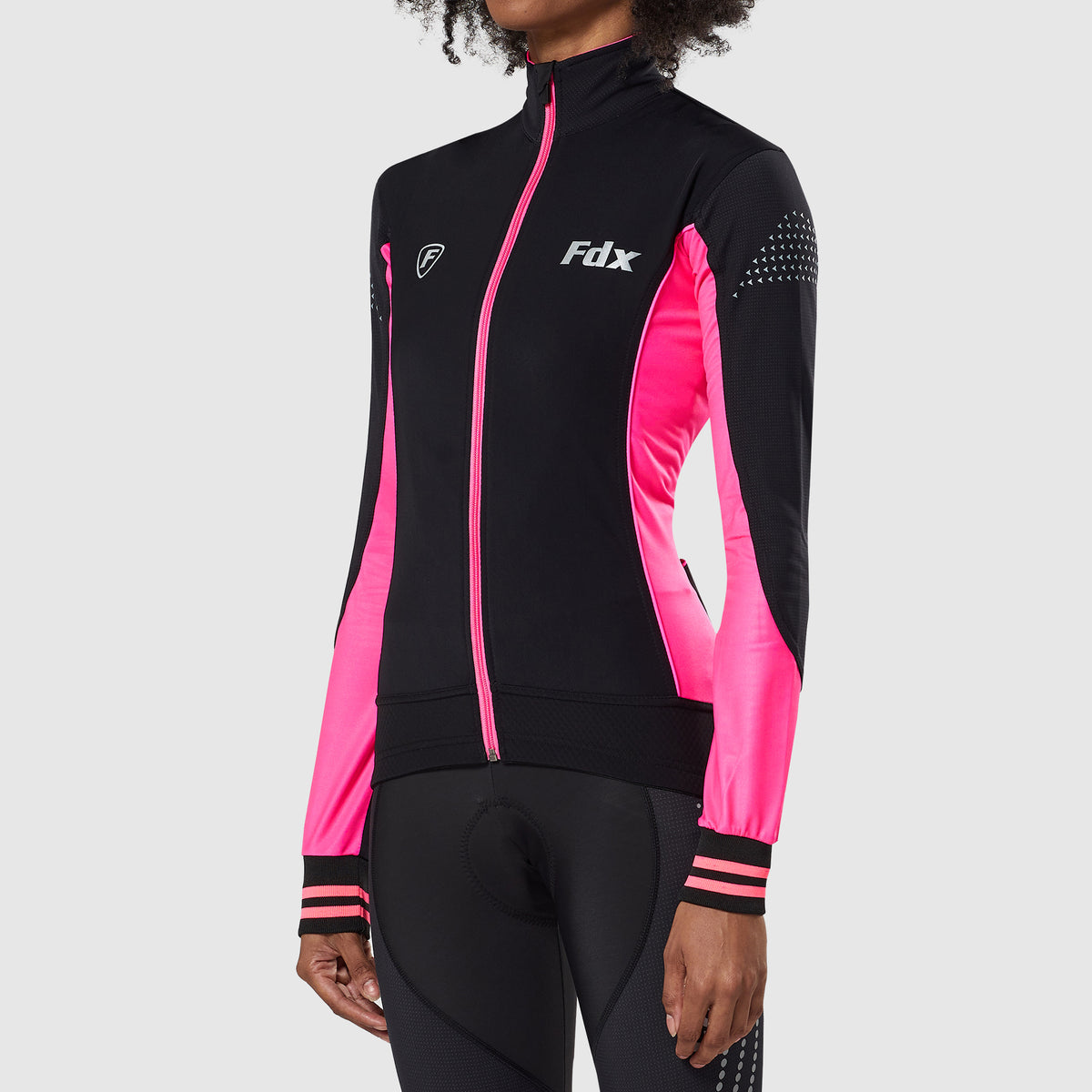 Women’s Black & pink full sleeves cycling jersey windproof warm Roubaix winter biking top, lightweight long sleeves thermal fleece shirt for bike riding