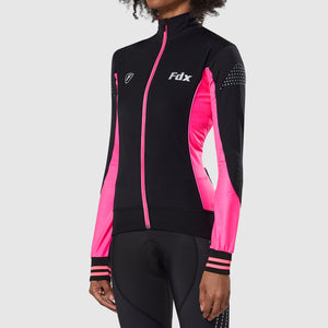 Women’s Black & pink full sleeves cycling jersey windproof warm Roubaix winter biking top, lightweight long sleeves thermal fleece shirt for bike riding