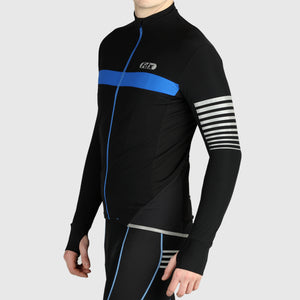 Fdx Mens Blue Reflective Long Sleeve Cycling Jersey for Winter Roubaix Thermal Fleece Road Bike Wear Top Full Zipper, Pockets & Hi-viz Reflectors - All Day