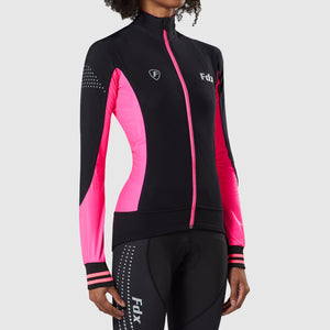 Women’s Black & pink full sleeves cycling jersey warm winter Roubaix biking top, lightweight windproof long sleeves fleece lined cycle shirt for riding