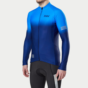 Fdx Mens Warm Long Sleeve Cycling Jersey Blue for Winter Roubaix Thermal Fleece Road Bike Wear Top Full Zipper, Pockets & Hi-viz Reflectors - Duo