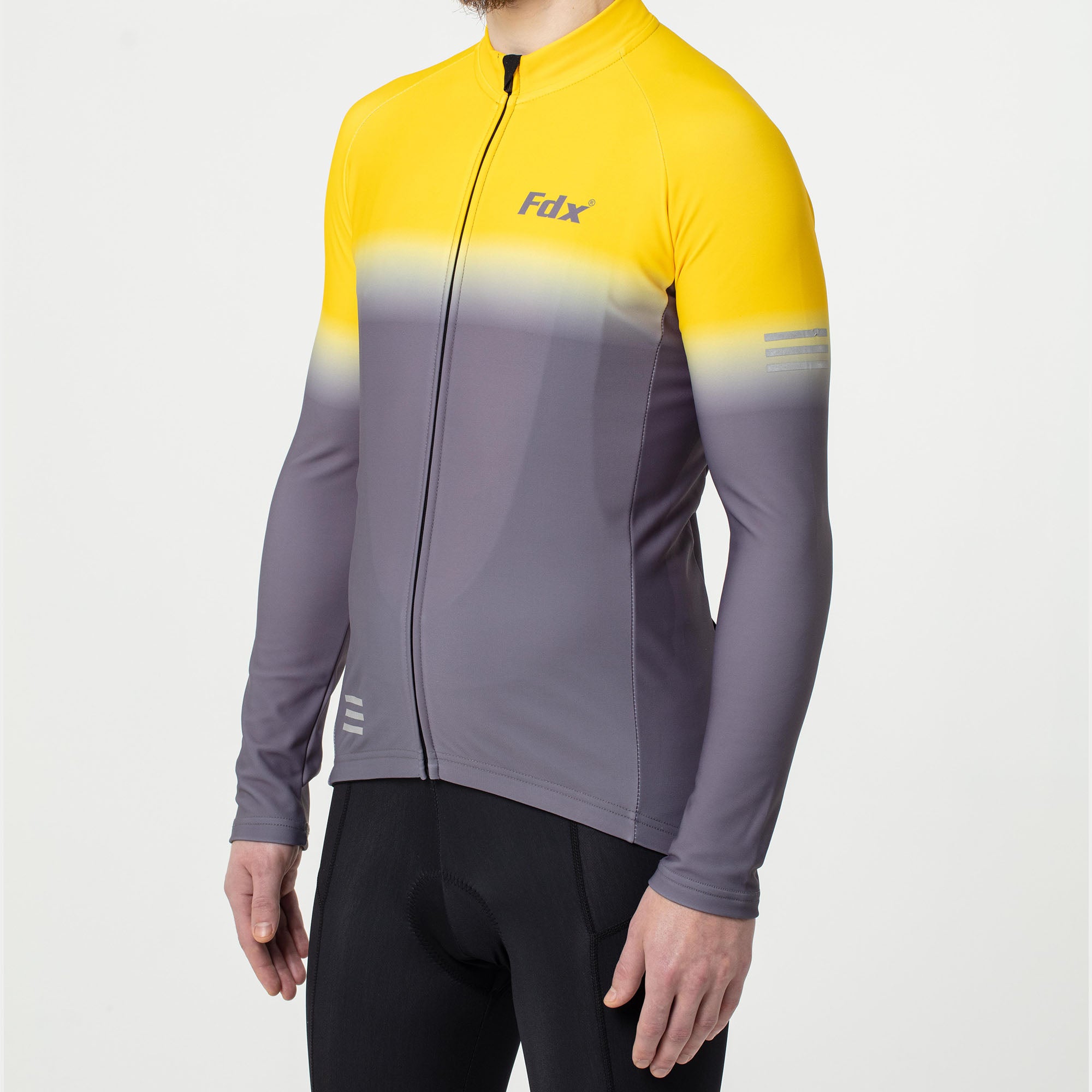 Fdx Mens Yellow & Grey Long Sleeve Cycling Jersey & Gel Padded Bib Tights Pants for Winter Roubaix Thermal Fleece Road Bike Wear Windproof, Hi-viz Reflectors & Pockets - Duo