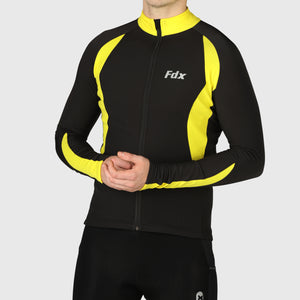 Fdx Mens Yellow Long Sleeve Cycling Jersey for Winter Roubaix Thermal Fleece Road Bike Wear Top Full Zipper, Pockets & Hi-viz Reflectors - Viper