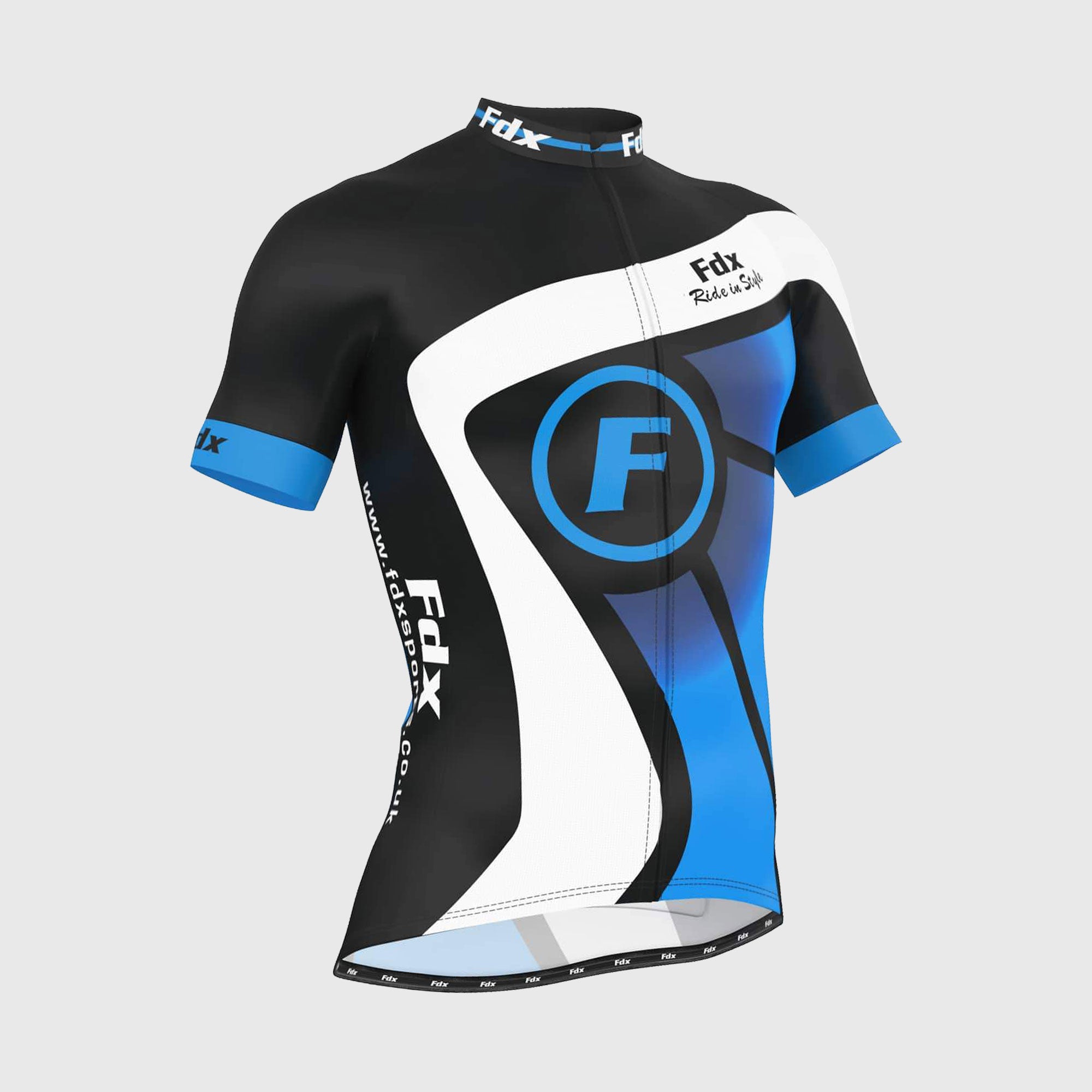 Fdx Mens Black & Blue Short Sleeve Cycling Jersey for Summer Best Road Bike Wear Top Light Weight, Full Zipper, Pockets & Hi-viz Reflectors - Signature
