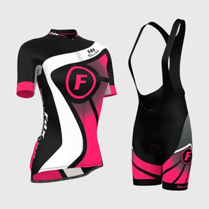 Fdx Women's Black & Pink Short Sleeve Cycling Jersey & Gel Padded Bib Shorts Best Summer Road Bike Wear Light Weight, Hi viz Reflectors & Pockets - Signature