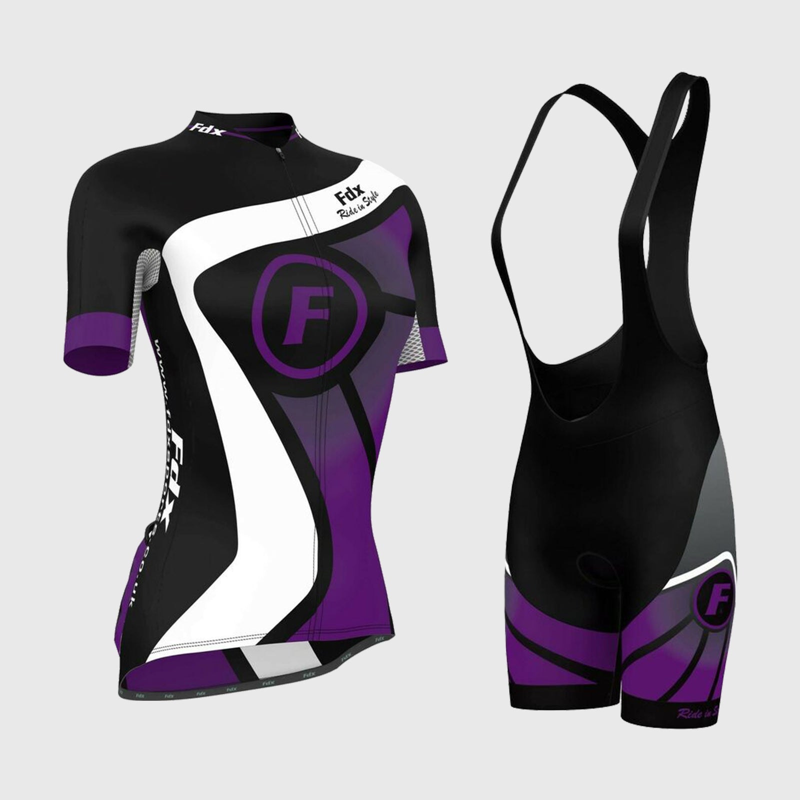 Fdx Women's Black & Purple Short Sleeve Cycling Jersey & Gel Padded Bib Shorts Best Summer Road Bike Wear Light Weight, Hi viz Reflectors & Pockets - Signature