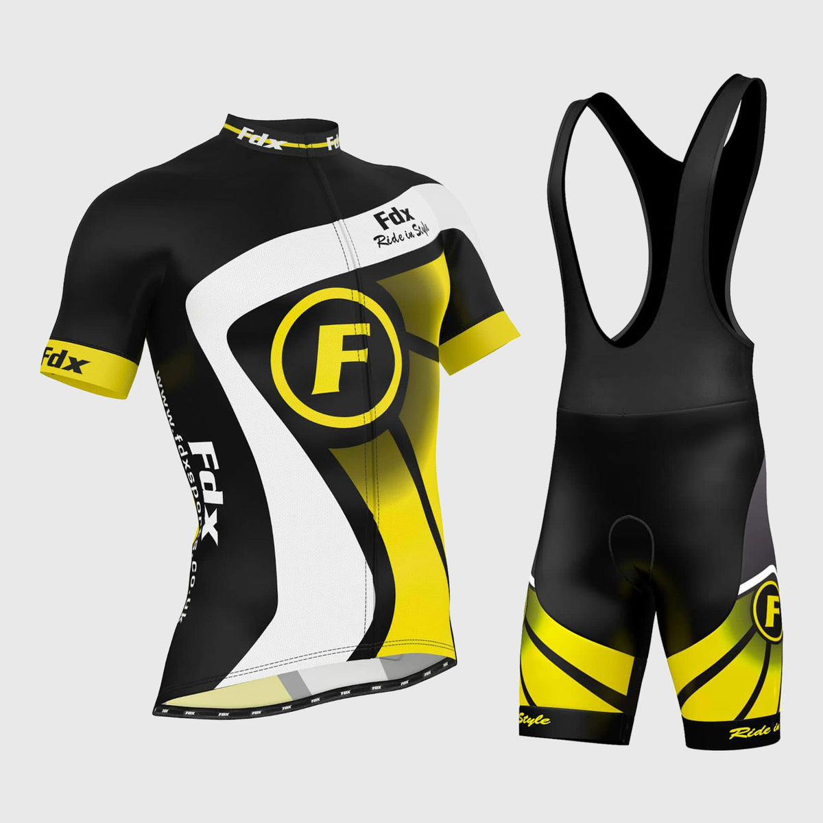 Fdx Mens Black & Yellow Short Sleeve Cycling Jersey & Gel Padded Bib Shorts Best Summer Road Bike Wear Light Weight, Hi-viz Reflectors & Pockets - Signature