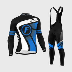 Fdx Men's Black & Blue Long Sleeve Cycling Jersey & Gel Padded Bib Tights Pants for Winter Roubaix Thermal Fleece Road Bike Wear Windproof, Hi-viz Reflectors & Pockets - Signature