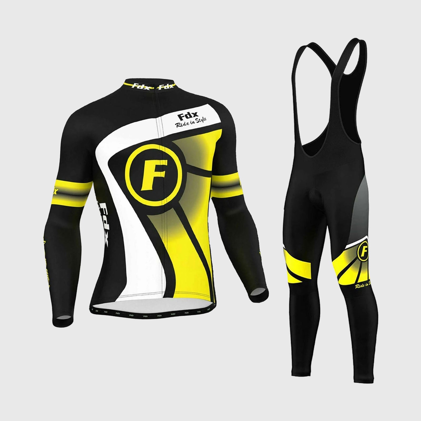 Fdx Men's Black & Yellow Long Sleeve Cycling Jersey & Gel Padded Bib Tights Pants for Winter Roubaix Thermal Fleece Road Bike Wear Windproof, Hi-viz Reflectors & Pockets - Signature