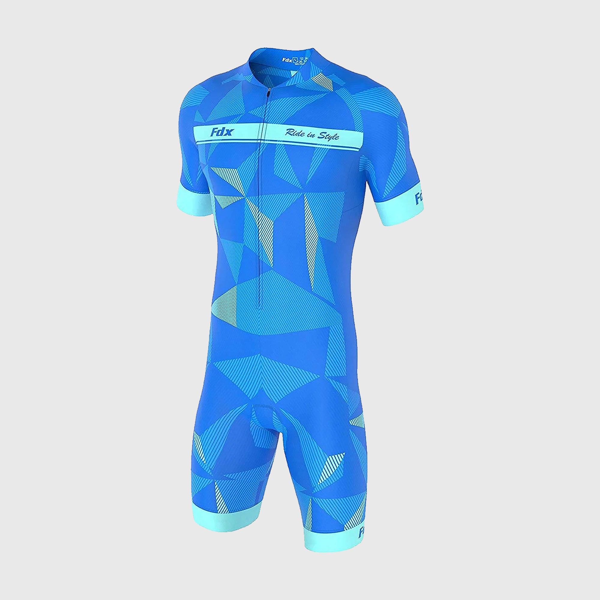 Fdx Mens Blue & Yellow Short Sleeve Gel Padded Triathlon / Skin Suit for Summer Cycling Wear, Running & Swimming Half Zip - Splinter