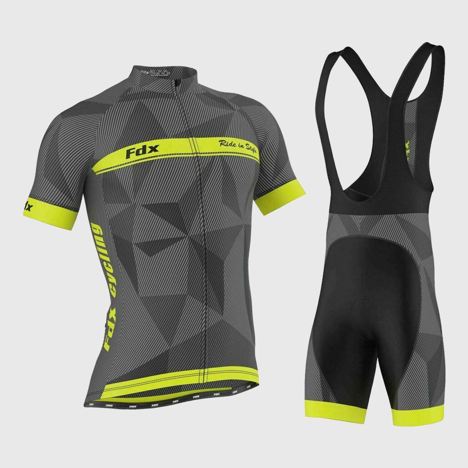 Fdx Mens Yellow Short Sleeve Cycling Jersey & Gel Padded Bib Shorts Best Summer Road Bike Wear Light Weight, Hi-viz Reflectors & Pockets - Splinter