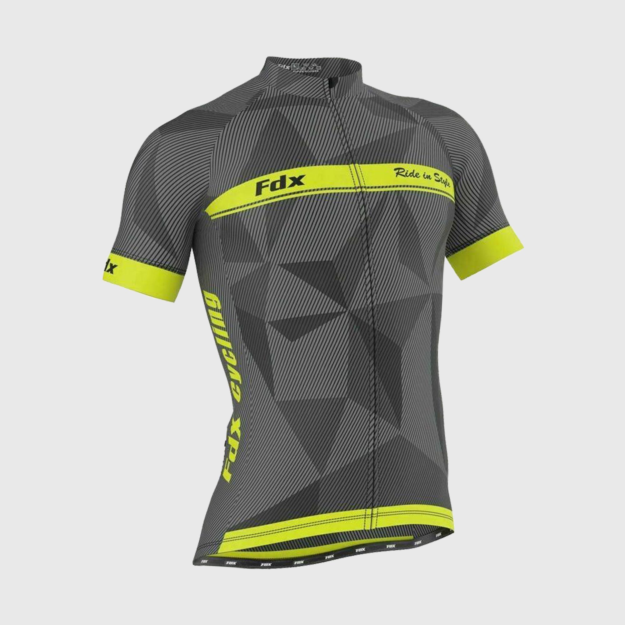 Fdx Mens Yellow & Grey Short Sleeve Cycling Jersey for Summer Best Road Bike Wear Top Light Weight, Full Zipper, Pockets & Hi-viz Reflectors - Splinter