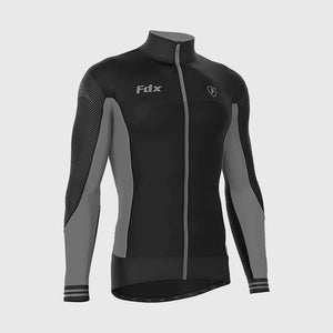 Fdx Mens Black & Grey Long Sleeve Cycling Jersey for Winter Roubaix Thermal Fleece Road Bike Wear Top Full Zipper, Pockets & Hi-viz Reflectors - Thermodream