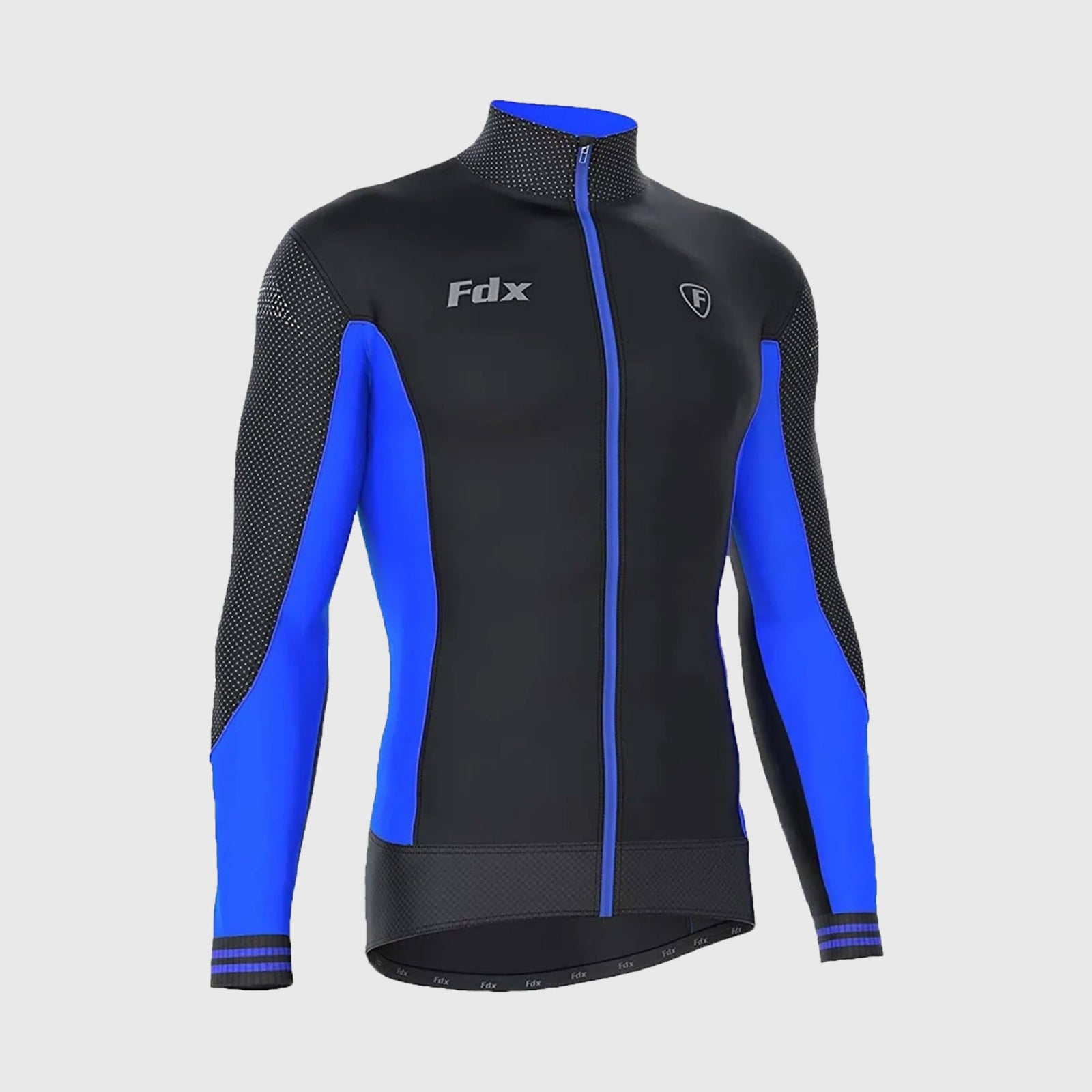 Fdx Mens Black & Blue Long Sleeve Cycling Jersey for Winter Roubaix Thermal Fleece Road Bike Wear Top Full Zipper, Pockets & Hi-viz Reflectors - Thermodream
