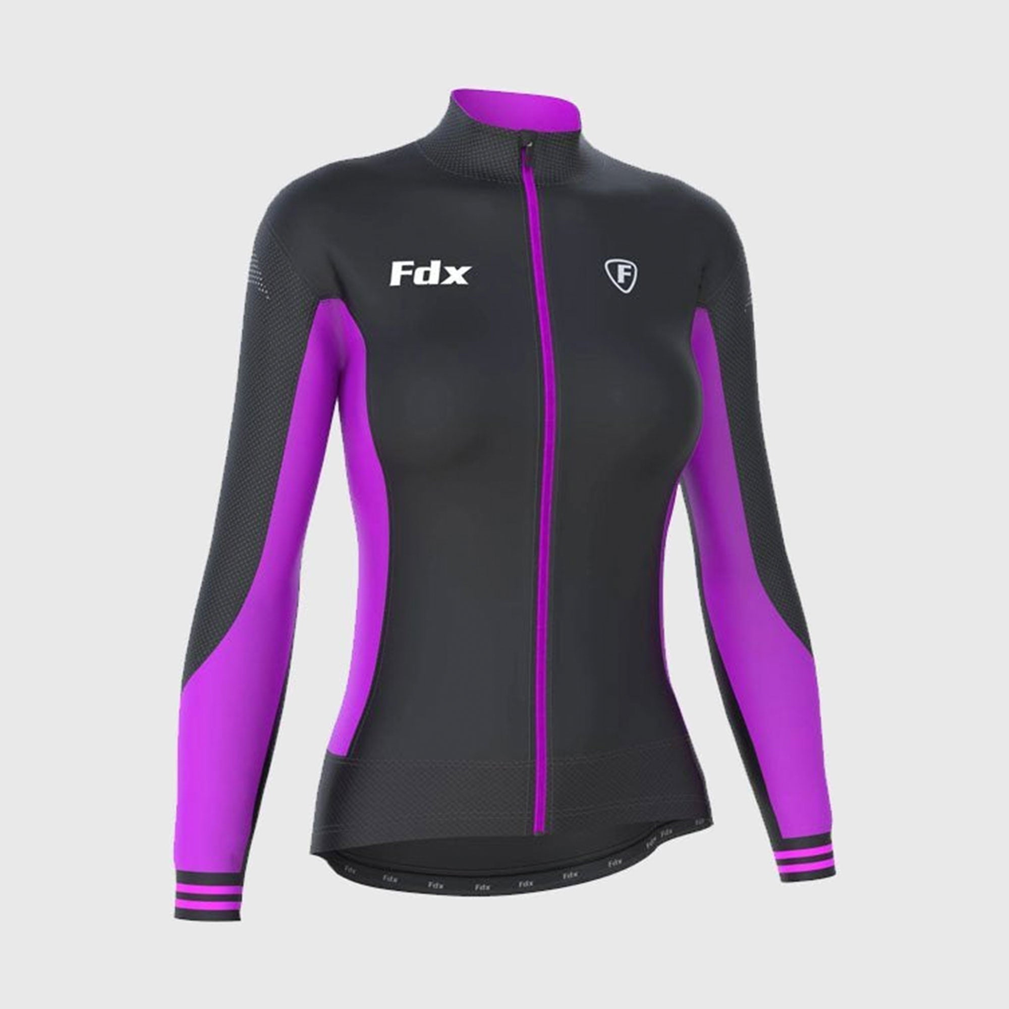 Fdx Womens Black & Purple Long Sleeve Cycling Jersey for Winter Roubaix Thermal Fleece Road Bike Wear Top Full Zipper, Pockets & Hi-viz Reflectors - Thermodream