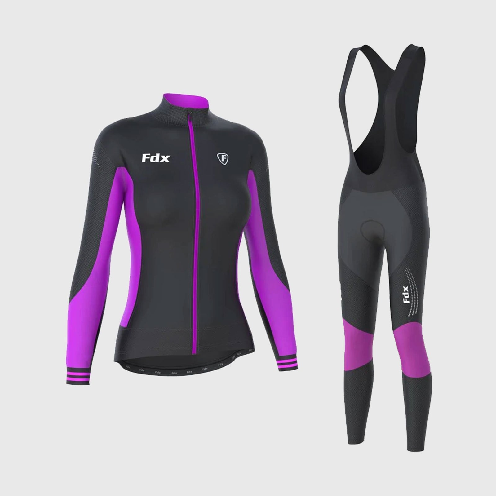 Fdx Women's Black & Purple Long Sleeve Cycling Jersey & Gel Padded Bib Tights Pants for Winter Roubaix Thermal Fleece Road Bike Wear Windproof, Hi-viz Reflectors & Pockets - Thermodream
