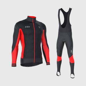 Fdx Mens Black & Red Long Sleeve Cycling Jersey & Gel Padded Bib Tights Pants for Winter Roubaix Thermal Fleece Road Bike Wear Windproof, Hi-viz Reflectors & Pockets - Thermodream