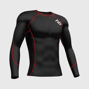 Fdx Mens Black & Red Long Sleeve Compression Top Running Gym Workout Wear Rash Guard Stretchable Breathable - Thermolinx