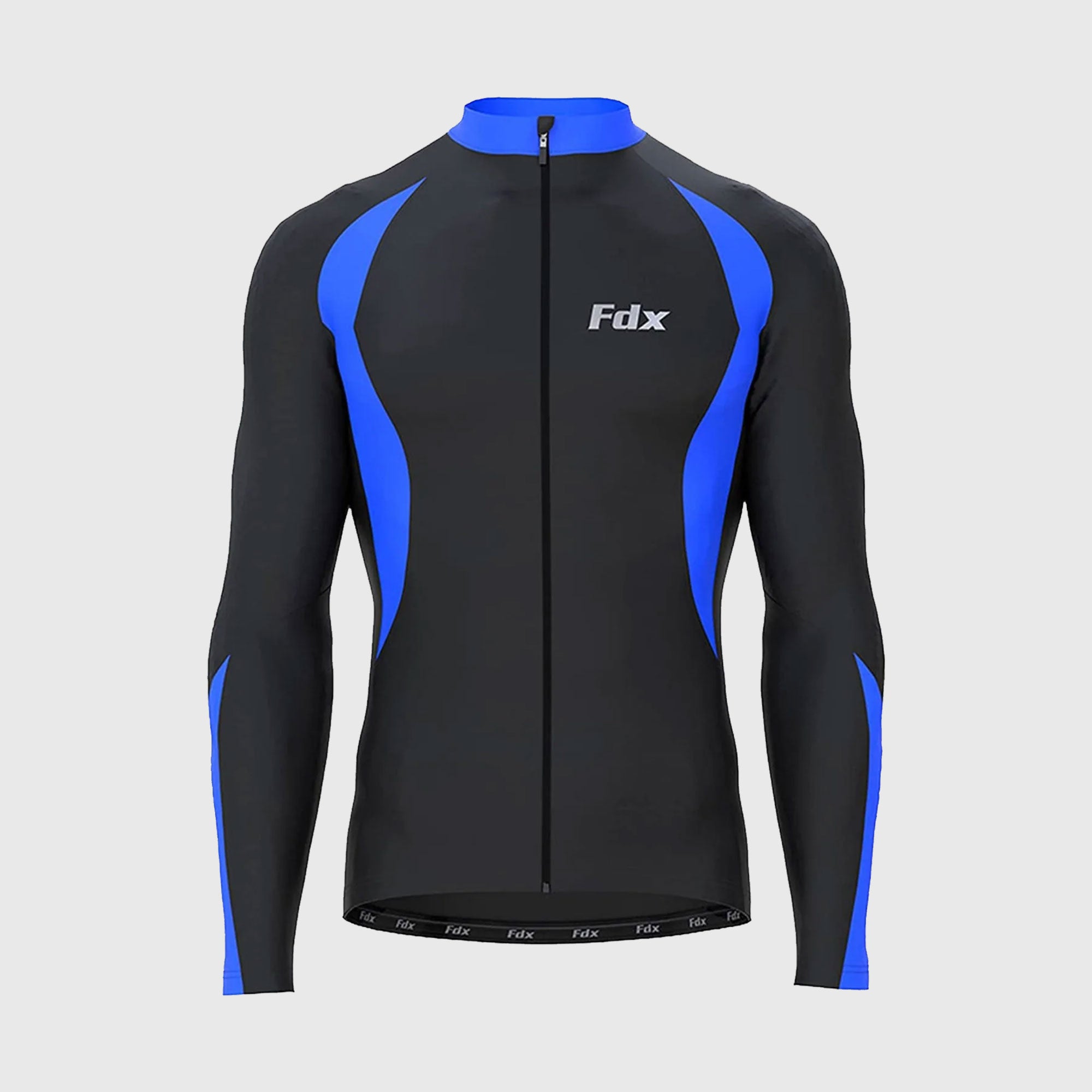 Fdx Mens Black & Blue Long Sleeve Cycling Jersey for Winter Roubaix Thermal Fleece Road Bike Wear Top Full Zipper, Pockets & Hi-viz Reflectors - Viper