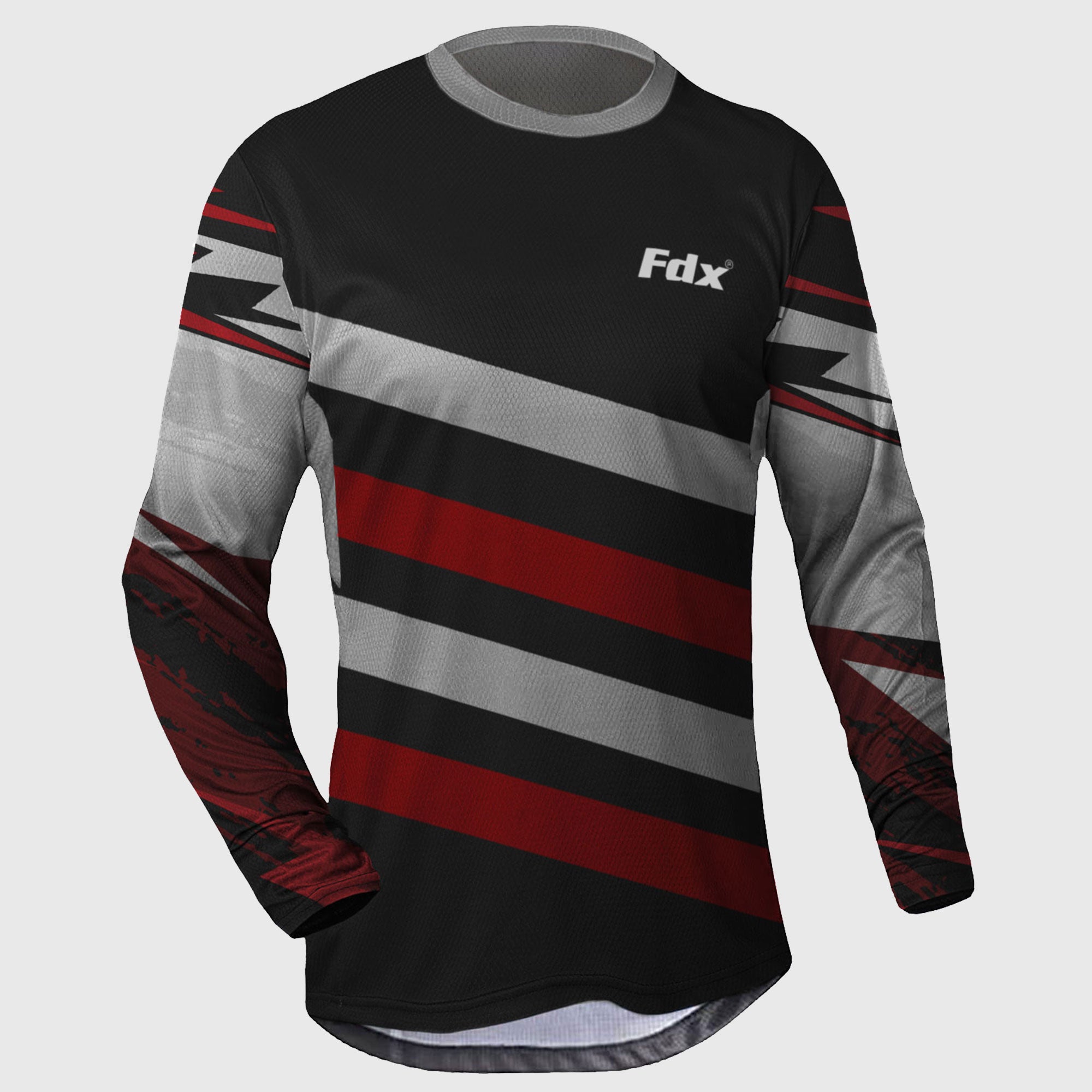 Fdx MTB Jersey Men's Red Black & Grey Lightweight, Breathable Fabric Hot season Mountain Bike Jersey zip pockets Cycling Gear
